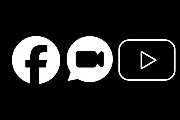 Social media icons including Facebook, video, and play button symbols.